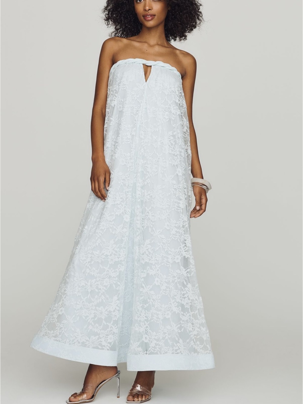 Strapless Lace Maxi Dress in Light Blue